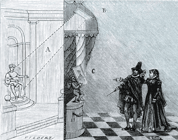 In this engraving, Nostradamus uses his magic mirror to tell Catherine de' Medici his predictions about the King