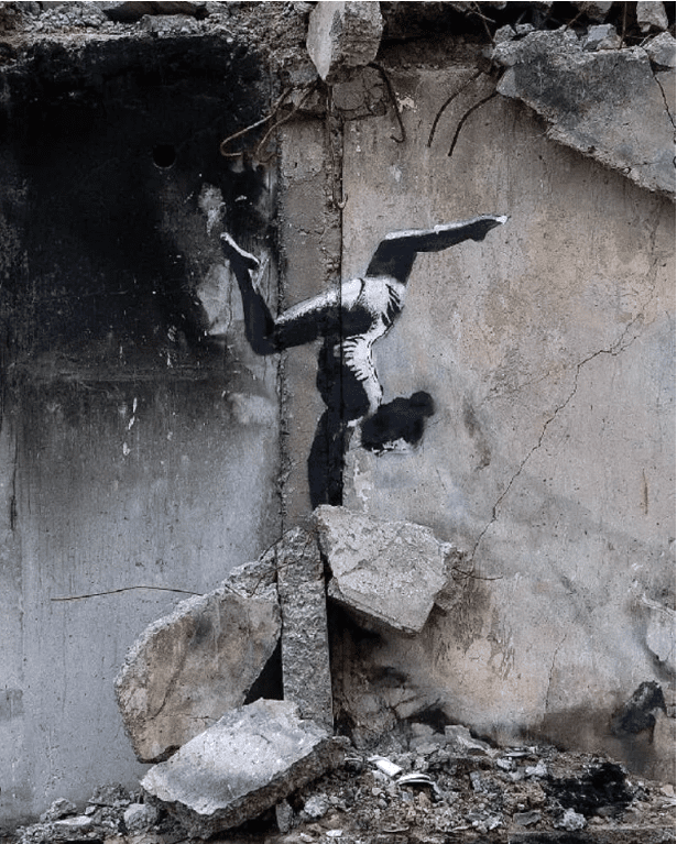 Famous muralist Banksy's latest work emerged from a bombed building in Ukraine 1